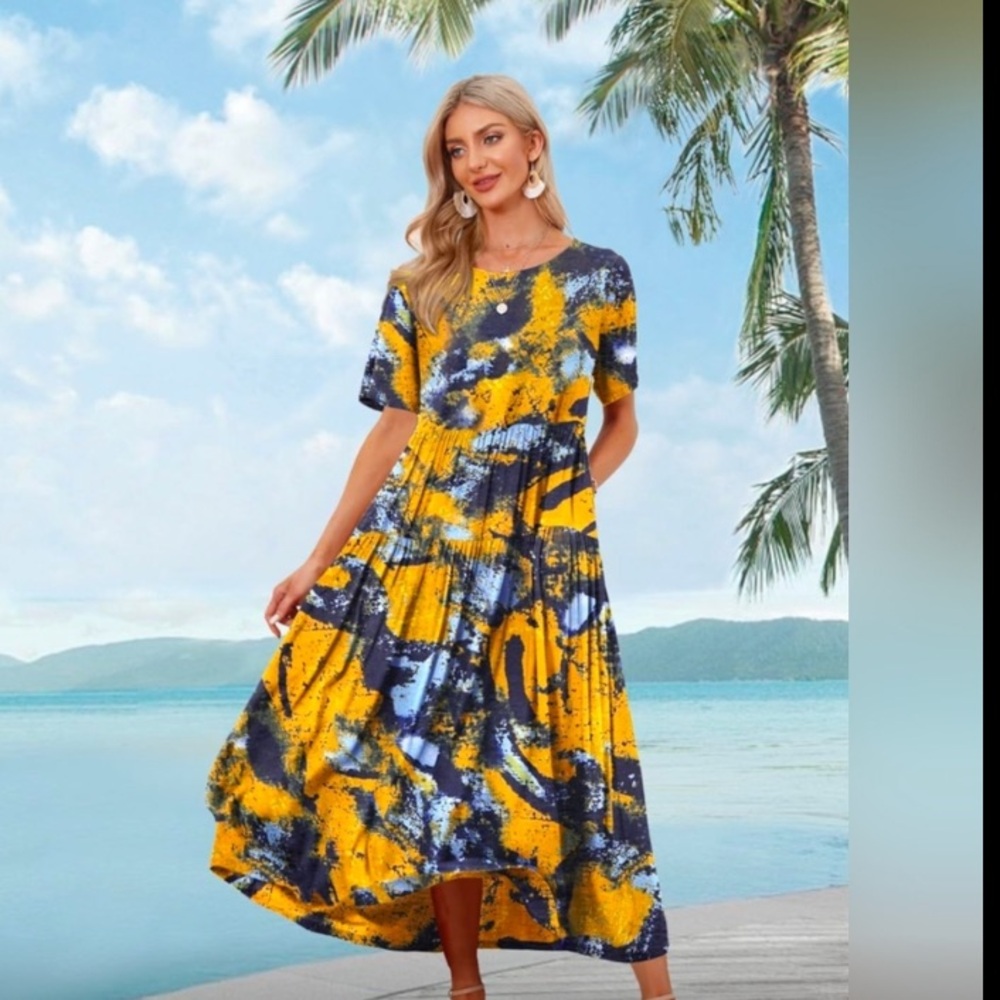 YESNO Yellow & Blue  Floral Bohemian Swing with Pockets Maxi Dress M NWT